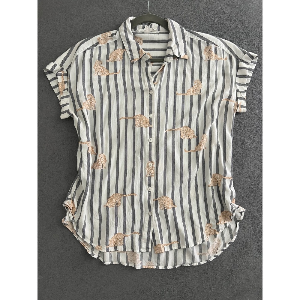 Jane + Delancey Striped Leopard Print Short Sleeve Button Down Shirt Large